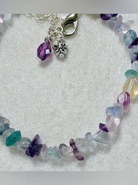 Multicolor Semi-Precious Fluorite Chip Bracelet with Silver Flower Charm